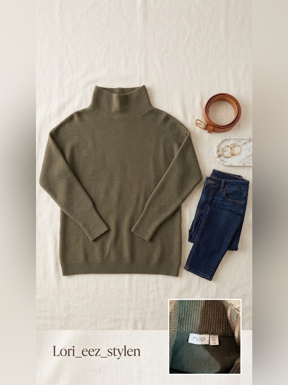 Noa Olive Green Ribbed Turtleneck Sweater - Relaxed Fit